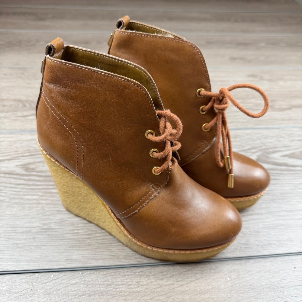 Tory Burch Women Wedge Bootie Leather Rabbit Fur Trim Tan Brown 6